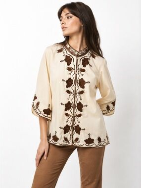 Daisy’s Creations Vintage Cream With Brown Floral Embroidered Top